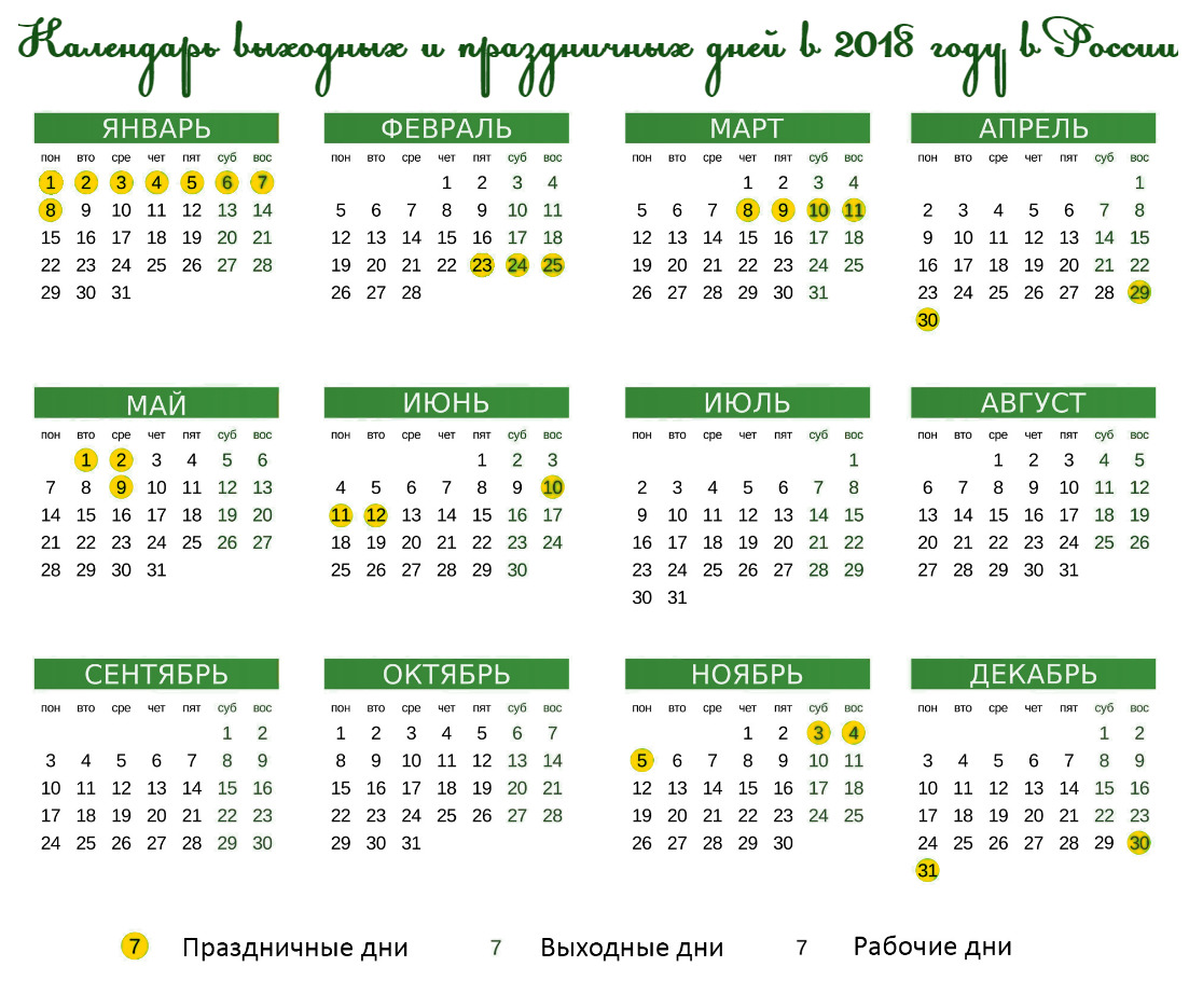 Календарь на 2018 год с праздниками и выходными днями